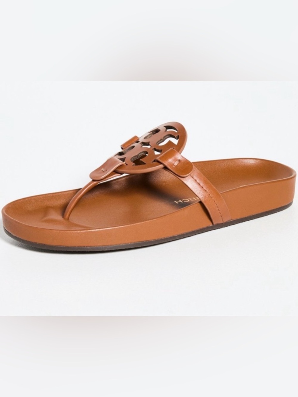 Tory Burch Miller Cloud Tan Leather Logo Thong Sandal Platform Slide Womens 10